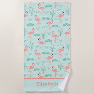 Flamingo's Monogram Tropical Bird Pink Green Beach Towel