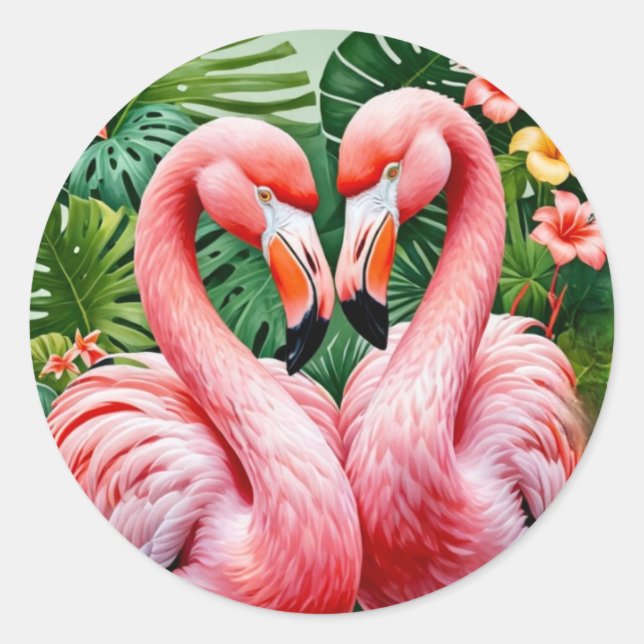 flamingos necks pink heart tropical love flamingo  classic round sticker (Front)