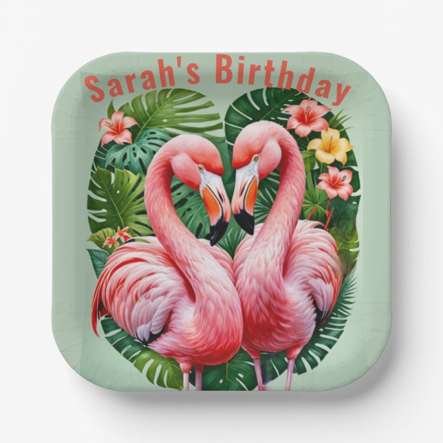 flamingos necks pink heart tropical Paper Plate (Front)