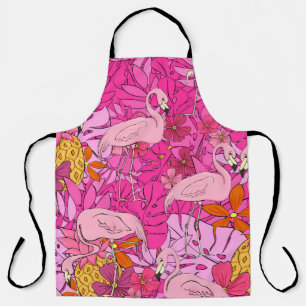 Flamingos on a background of tropical leaves and f apron