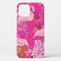 Flamingos on a background of tropical leaves and f