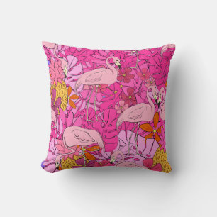 Flamingos on a background of tropical leaves and f cushion