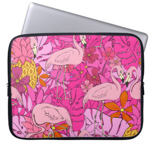 Flamingos on a background of tropical leaves and f laptop sleeve