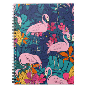 Flamingos on a background of tropical leaves and f notebook