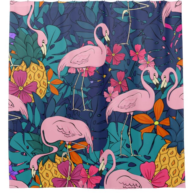 Flamingos on a background of tropical leaves and f shower curtain (Front)