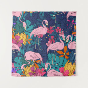 Flamingos on a background of tropical leaves and f tapestry