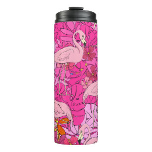 Flamingos on a background of tropical leaves and f thermal tumbler