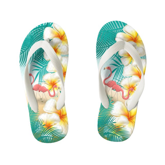 Flamingos on a Teal Tropical Beach Design Kid's Flip Flops (Footbed)