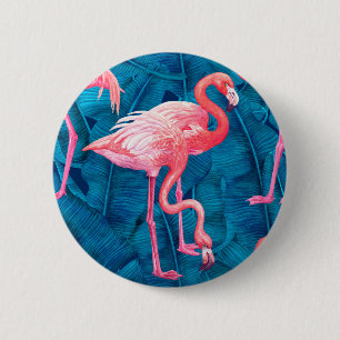 Flamingos on blue banana leaves 6 cm round badge