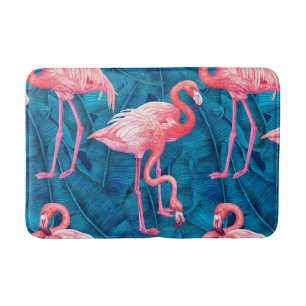 Flamingos on blue banana leaves bath mat