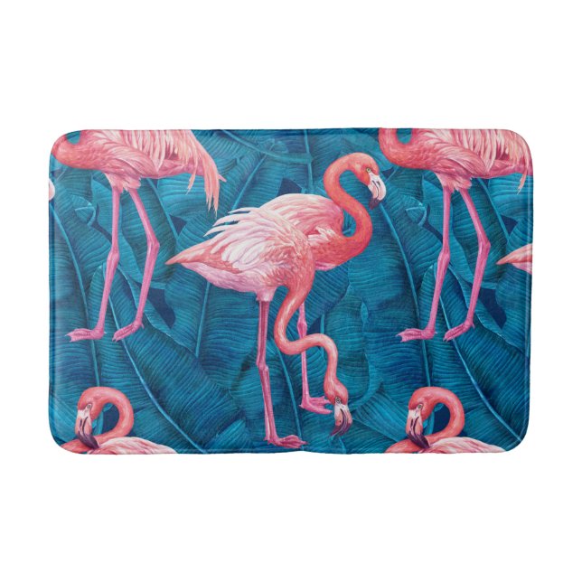 Flamingos on blue banana leaves bath mat (Front)