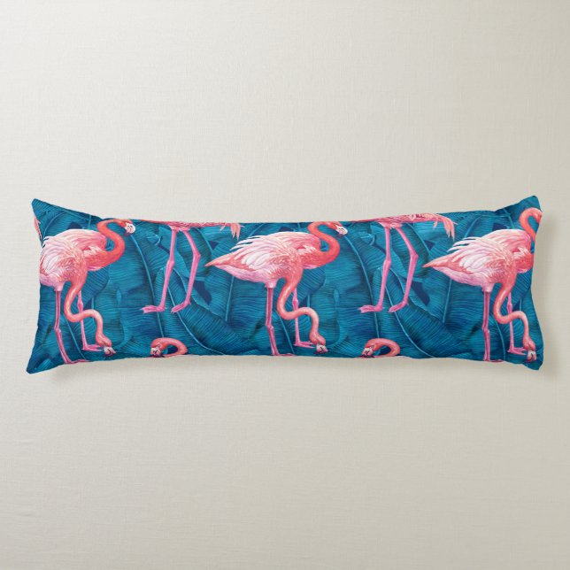 Flamingos on blue banana leaves body cushion (Front)