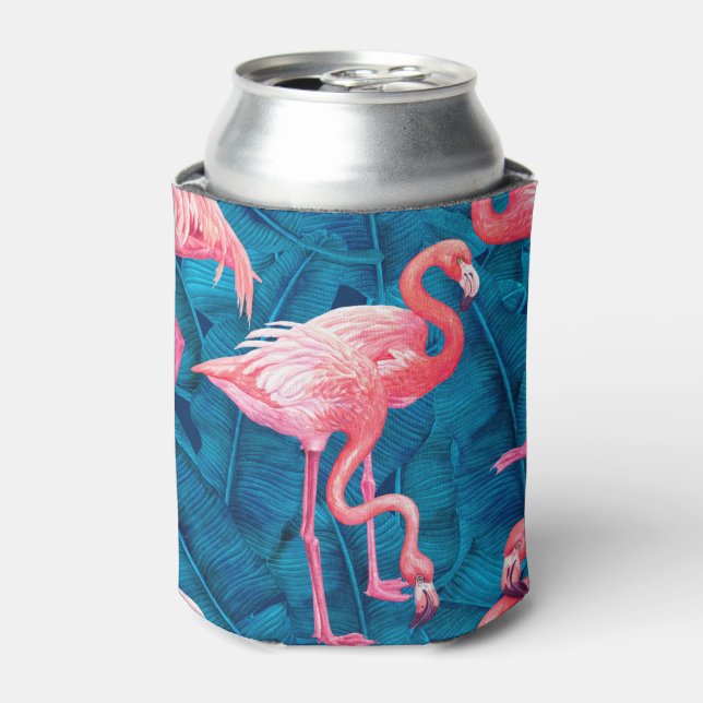 Flamingos on blue banana leaves can cooler (Can Front)