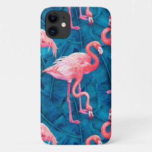 Flamingos on blue banana leaves iPhone 11 case