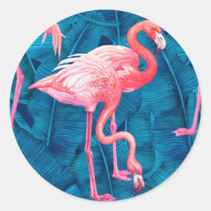 Flamingos on blue banana leaves classic round sticker