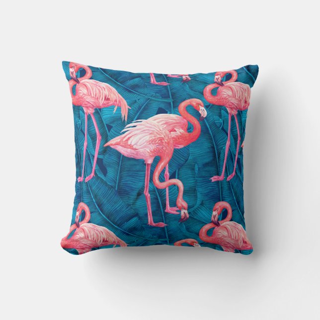 Flamingos on blue banana leaves cushion (Front)