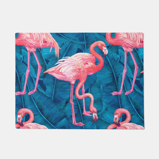 Flamingos on blue banana leaves doormat (Front)