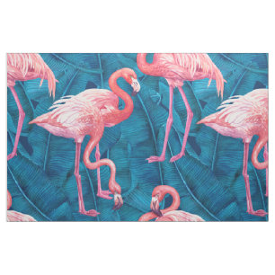 Flamingos on blue banana leaves fabric