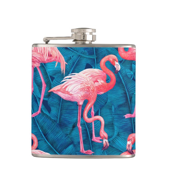 Flamingos on blue banana leaves hip flask (Front)
