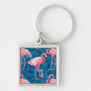 Flamingos on blue banana leaves key ring