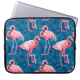 Flamingos on blue banana leaves laptop sleeve