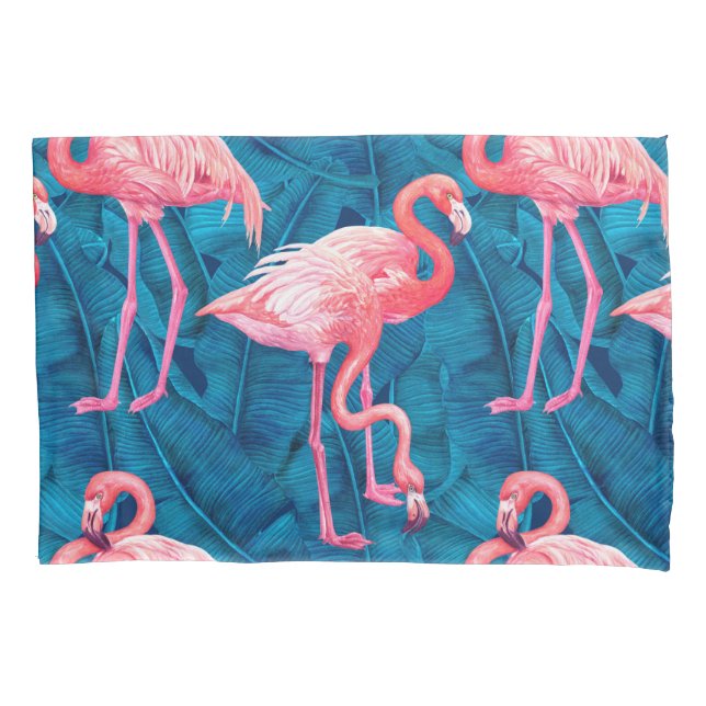 Flamingos on blue banana leaves pillowcase (Front)