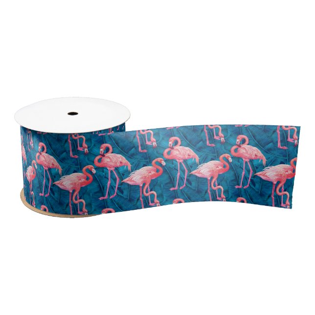 Flamingos on blue banana leaves satin ribbon (Spool)