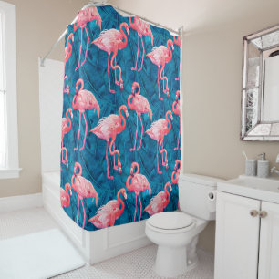 Flamingos on blue banana leaves shower curtain