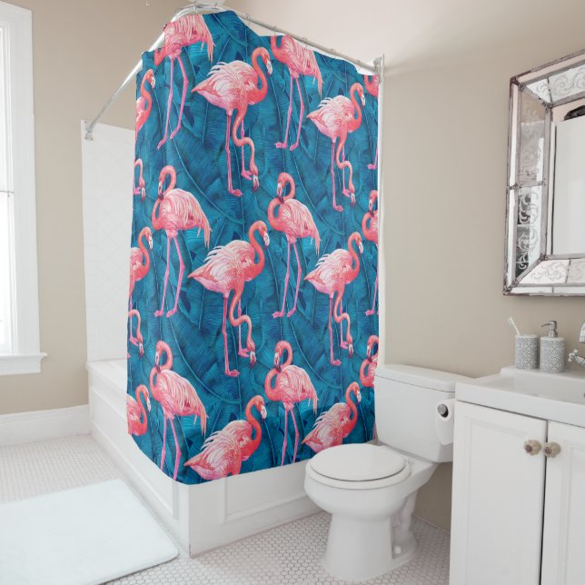 Flamingos on blue banana leaves shower curtain (In Situ)