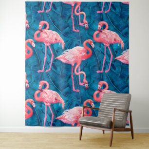 Flamingos on blue banana leaves tapestry