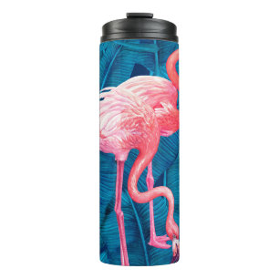 Flamingos on blue banana leaves thermal tumbler