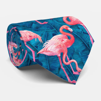 Flamingos on blue banana leaves tie