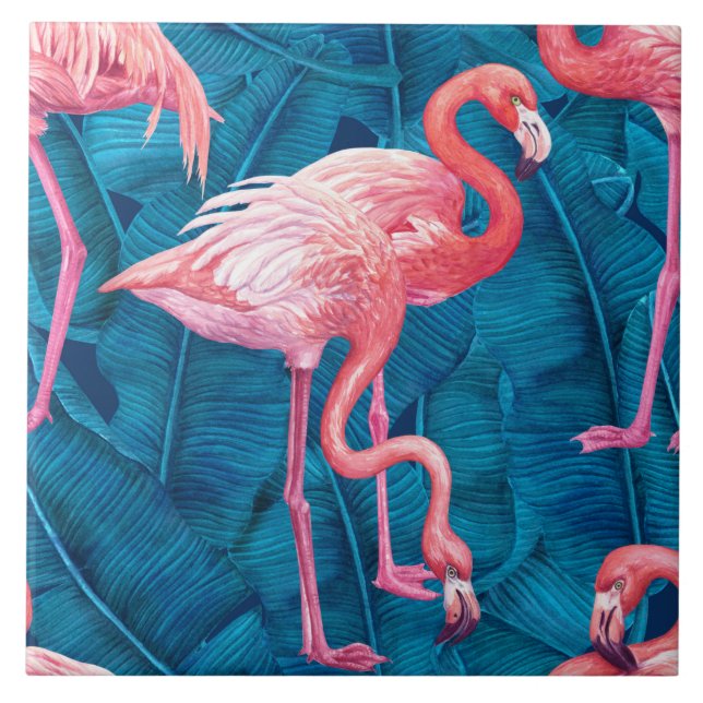 Flamingos on blue banana leaves tile (Front)