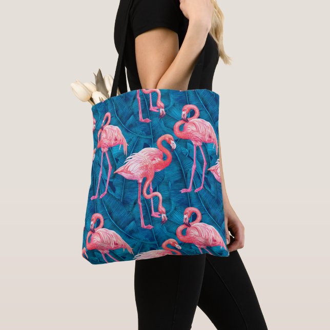 Flamingos on blue banana leaves tote bag (Close Up)
