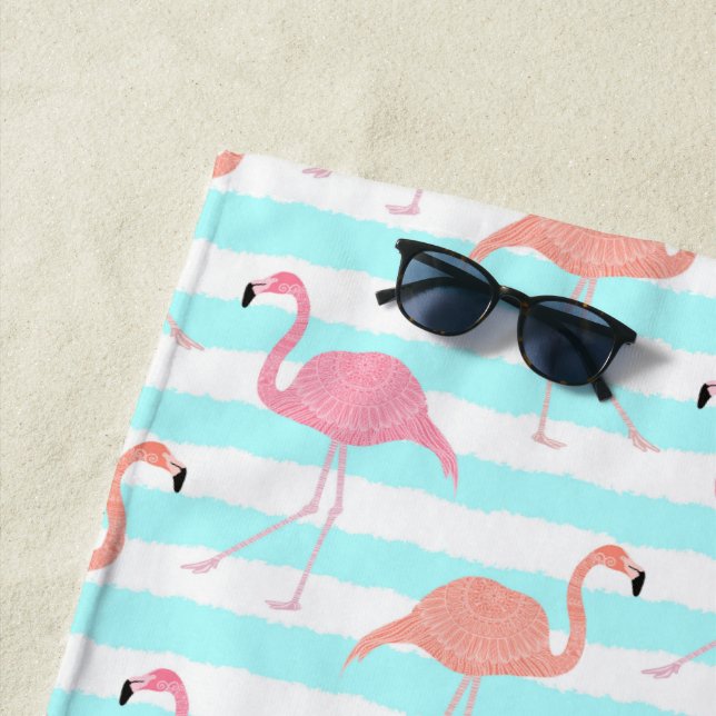 Flamingos on Blue Stripes Beach Towel (In Situ)