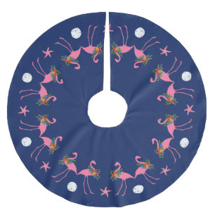 Flamingos on Navy Blue Christmas Tree Skirt