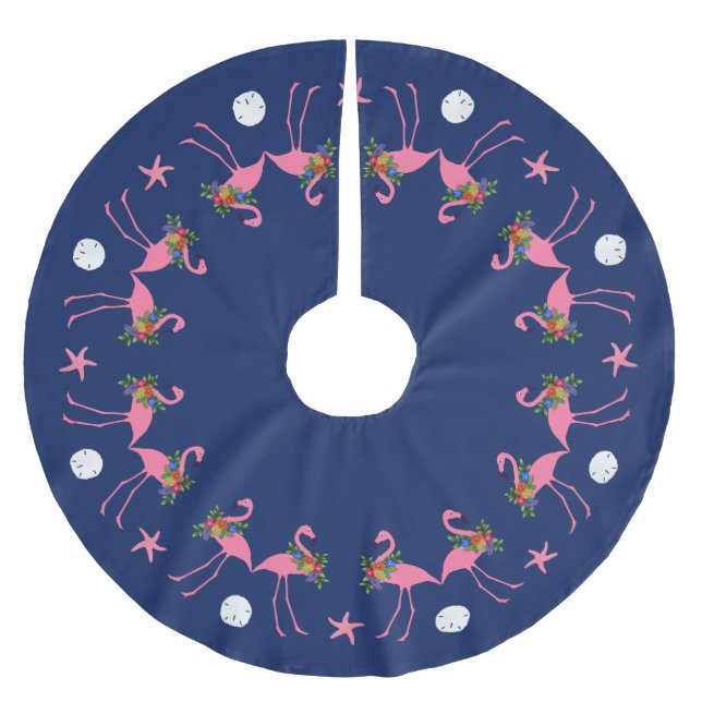 Flamingos on Navy Blue Christmas Tree Skirt (Front)