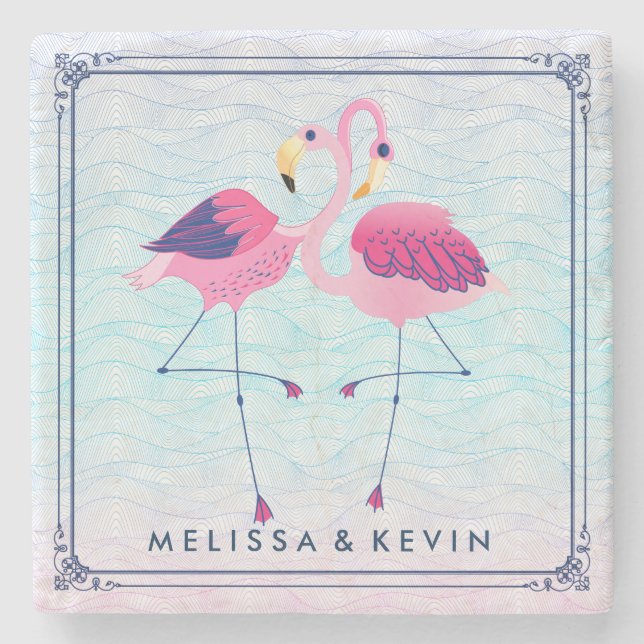 Flamingos On Stylised Abstract Beach Water-Waves Stone Coaster (Front)