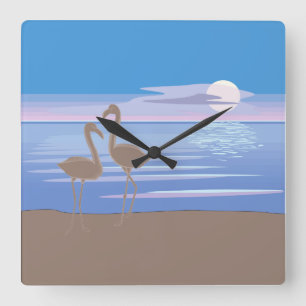 Flamingos on the Beach Square Clock
