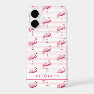 Flamingos on Watercolor Stripes Monogrammed