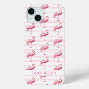 Flamingos on Watercolor Stripes Monogrammed iPhone 15 Mini Case