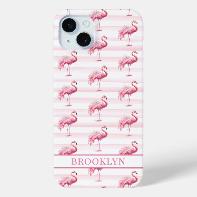 Flamingos on Watercolor Stripes Monogrammed Case-Mate iPhone Case (Back)