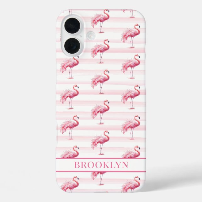 Flamingos on Watercolor Stripes Monogrammed Case-Mate iPhone Case (Back)
