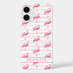 Flamingos on Watercolor Stripes Monogrammed iPhone 16 Case