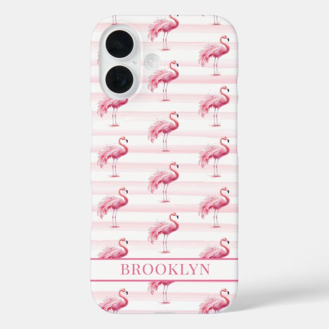 Flamingos on Watercolor Stripes Monogrammed Case-Mate iPhone Case (Back)