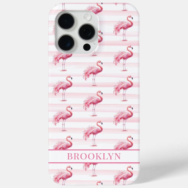 Flamingos on Watercolor Stripes Monogrammed Case-Mate iPhone Case (Back)