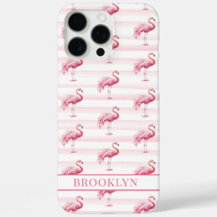 Flamingos on Watercolor Stripes Monogrammed iPhone 16 Pro Max Case