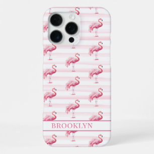 Flamingos on Watercolor Stripes Monogrammed iPhone 16 Pro Max Case