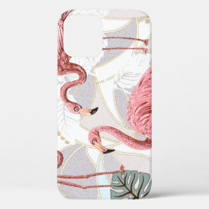 Flamingos, palm leaves: vintage pattern. iPhone 12 case