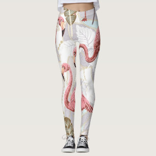 Flamingos, palm leaves: vintage pattern. leggings